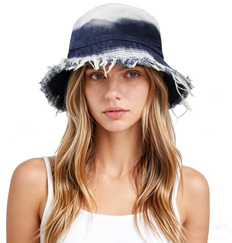 AYPOW Modischer Frayed Edge Fischerhut, Weicher Gewaschener Baumwolle Sommer Hut Sonnenhut Eimerhut, Leichter Faltbarer Outdoor UV Schutz Bucket Hat Anglerhut Strandhut für Damen Teenager Mädchen