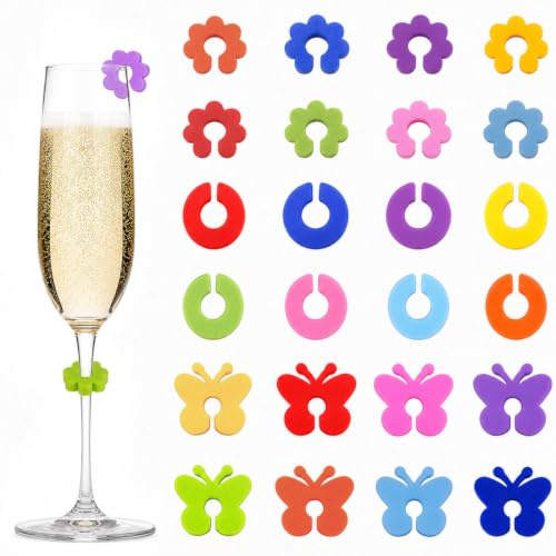 BQRKOTM 24-teiliges Set Glasmarkierer für Stielgläser, in 8 Farben mit Motiven (Pflaumenblüte, C-Ring, großer Schmetterling), aus Silikon, zum Gläser markieren, für Partys