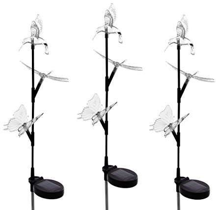 Nexos Trading Solarlampe 3er Set mit Kolibri Schmetterling Libelle 3 LED Farbwechsel 80 cm Gartenbeleuchtung Dekoration Solar Leuchte Solarstecker Kunststoff Edelstahl 3 Figuren