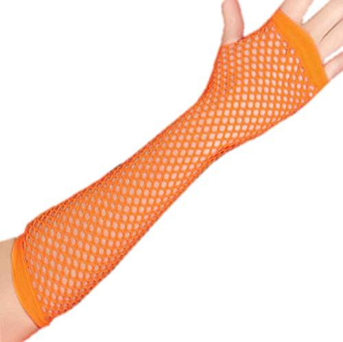 FIESTAS GUIRCA | Guantes de Malla Naranja Neon (26 cm) - Accesorio de Disfraz para Mujer Adulta - Perfecto para Fiestas de los Años '80, Sado, Halloween y Carnaval - Estilo Retro y Punk - Naranja