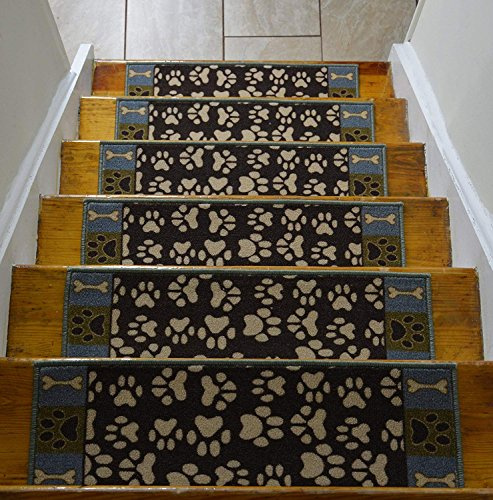 Stair Treads for Wooden Steps Indoor 8.5” x 26” Slip Resistant Machine Washable Staircase Carpet Mat, Safe for Elders, Kids and Pets Pet Paw Design Brown Teal Color, Set of 15