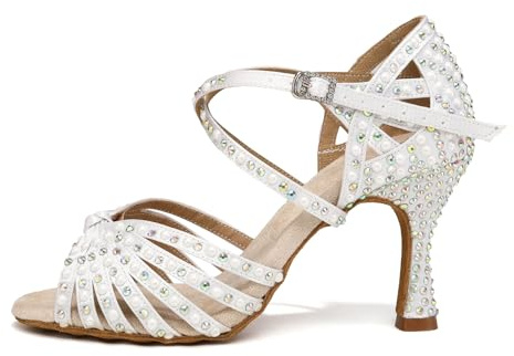 AOQUNFS Women's Rhinestones Latin Dance Shoes Ballroom Salsa Performance Professional Practice Dancing Shoes,L429,White-7.5,US 9.5
