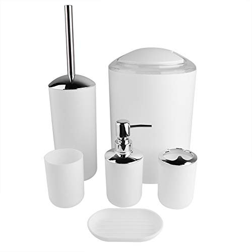 mumisuto 6pcs/Set Badezimmerzubehör Set Zahnbürstenhalter, Mülleimer, Seifenspender, Spülbecher, Seifenschale, Toilettenbürstenhalter, für Zuhause, Wohnung, Schlafsaal(Weiß)