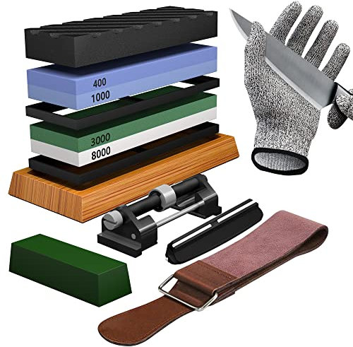 Knife Sharpening Stone Set - Premium 4 Side Grit 400/1000 3000/8000 Whetstone Sharpener Kit - Non-Slip Bamboo Base,Cut Resistant Gloves, Angle Guide,Flatting Stone,Honing Guide,Leather Strop