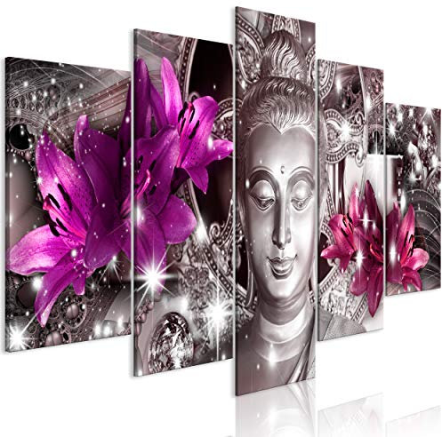 decomonkey Bilder Buddha 150x75 cm 5 Teilig Leinwandbilder Bild auf Leinwand Wandbild Kunstdruck Wanddeko Wand Wohnzimmer Wanddekoration Deko Blumen Lilien Abstrakt