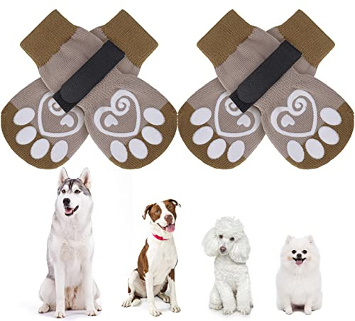 KOOLTAIL Hundesocken, rutschfest, für Hunde, Pfotenschutz, 2 Paar, verstellbare Hundesocken für Haustiere, draußen und drinnen, khaki