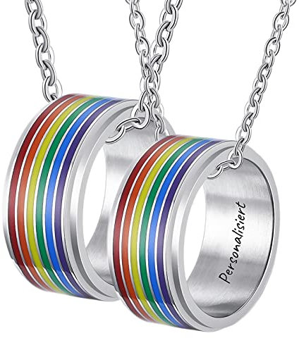 Epinki Edelstahl Ketten Paare 2 Stück Ring Anhänger, LGBT mit Regenbogen Emaille Partnerketten für Sie und Ihn, Silber für Frauen & Männer, Breite 10MM - Herrenkette 60cm, Damenkette 50cm