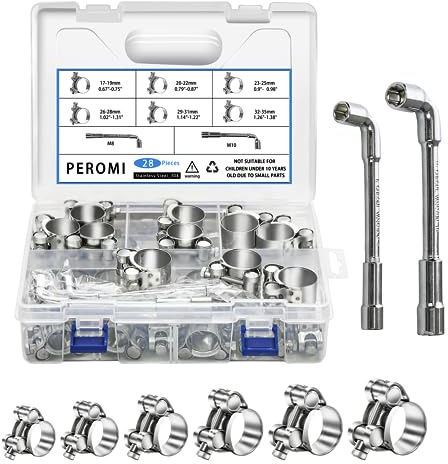 T-bolt Hose Clamps, PEROMI 28pcs 6 Size Heavy Duty Radiator Hose Clamps Assortment Kit-Size Range 17-35mm, 304 Stainless Steel Pipe Tube Clamps for Automotive Fuel Lines Radiator Hoses Turbo Intake