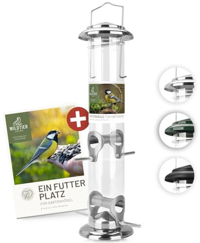 wildtier liebe Körner Futtersäule, Vogelfutterspender 38cm, Silber - aus rostfreiem Edelstahl I Vogel-Futterstation, Vogelfutter-Säule, Wildvögel Futtersilo I Ganzjährige Vogelfütterung