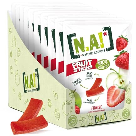 N.A, Nature Addicts - Sachet de Fruit Sticks Fraise 40g - 100 purcent Issu de Fruits - Sans Sucres Ajoutés, Sans Édulcorants ni Conservateurs - Sachet Refermable à Emmener Partout - Lot de 10
