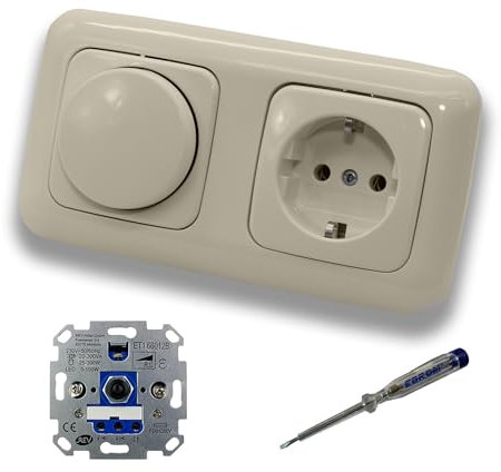 REV Ritter LED Drehdimmer Dimmer + Busch Jäger Dimmerscheibe 2115-212 und Steckdose 20EUC-212 in DURO2000 cremeweiß glänzend inklusive EBROM Phasenprüfer zur Montage der Geräte ET1 66012B