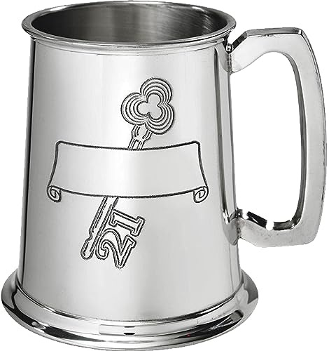Pewter Tankard 21st Birthday Key Stamp Scroll Banner 1 Pint Plain Square Handle Pure Heavy Gauge Beer Tankard Perfect for Engraved Personalised Gifts for Men and Women