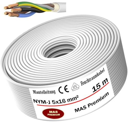 MAS Premium Feuchtraumkabel Stromkabel 5-170m Mantelleitung NYM-J 5x1,5, 2,5, 4, 6, 10 oder 16 Elektrokabel Ring für feste Verlegung (NYM-J 5x16 mm², 15m)