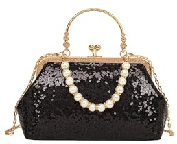 CORIOS Sac de Soirée en Paillettes pour Femme Perle Embrayage Sacs à Main D'épaule de Mariée Vintage Pochette Portefeuille Élégant Sacs Fourre-Tout de Chaîne Sac à Bandoulière Noir