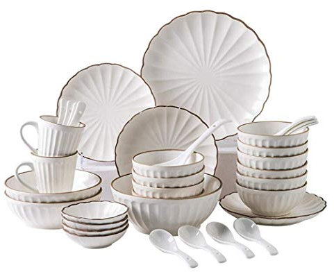 OrLtL Vajilla de cerámica, Juego Combinado de 35 Piezas de Platos de cerámica Blanca más Simples, combinación de Cuencos y Forma de pétalo de Porcelana