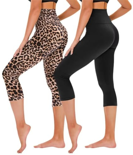 TNNZEET 3/4 Leggins Mallas Mujer,Pantalones Capri a Alta Elásticos Fitness Correr,Yoga(Negro/Leopardo,L-XL)