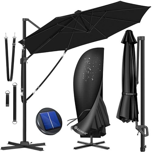 KESSER® Sonnenschirm Ampelschirm SUN Rund XL Ø330 cm, 7-Fach Verstellbar Drehbar Neigbar Kippbar Groß 360° Drehbar Gartenschirm mit Kurbel Sonnenschutz UV50+, Inkl. Windschutz & Abdeckung, Schwarz