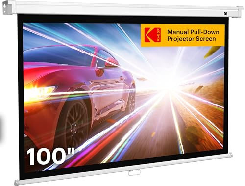 KODAK Manual Pull-Down White Projector Screen 100 Inch | Large 16:9 Office, Home Movie Theater Screen with Wall & Ceiling Mount Options, Easy-Clean Matte Fabric & Retractable Hanging Design | Indoor.