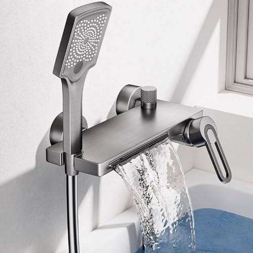 Badewannenarmatur Wasserfall mit Handbrause Badewannenarmatur Multifunktionsduschkopf Wasser Kalt und Heiß Messing Wannenarmatur-Grau