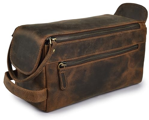 LEATHER VILLAGE Genuine Leather Toiletry Travel Bag For Men & Women, Brown