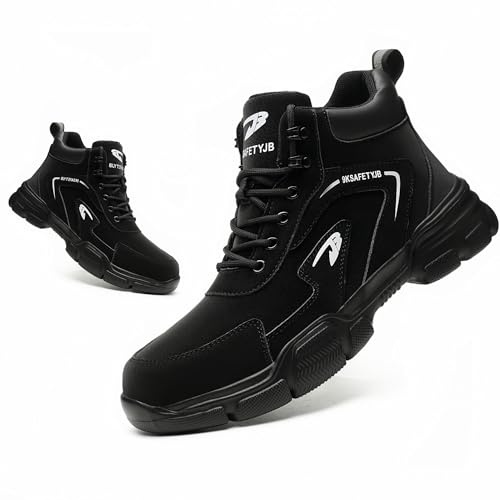 ZSDZSZ Steel Toe Cap Boots Mens Waterproof Safety Boots Women Lightweight Safety Trainers Non Slip Work Boots, Black, UK 8