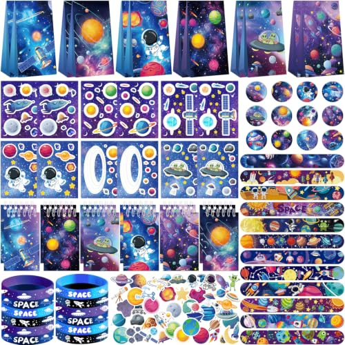 Ywediim Partyzubehör mit Weltraummotiven, inklusive Geschenktüte, Aufkleber, Silikon-Armbänder, Abzeichen, Notizbuch, für weltraum Kindergeburtstage, Geschenktütenfüller, Klassenpreise