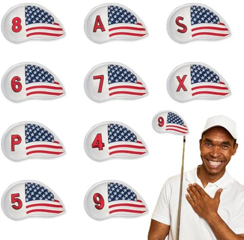 Gestrickte Golfschlägerkopfhüllen mit Sternen und Streifen, Set mit Golfschlägerkopfhüllen für Golfschläger - 10X Golfschlägerkopfhülle mit US-Flagge,US Stars Stripes Flag Pattern Design Wedge Cover,