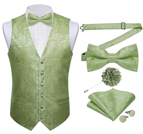 DiBanGu Seiden-Paisley-Weste für Herren, formelle Anzugweste und Fliege, Reversnadel-Set, 7-teilig, Weste für Anzug oder Smoking, Salbeigrün, Medium
