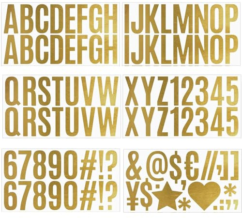 Yesallwas 6 Blatt Alphabet Buchstaben Aufkleber Gold, Selbstklebendes Vinyl Buchstaben Zahlen Aufkleber Set, 2,5in Wasserfest Symbol Briefkastennummern Aufkleber für Schilder Türen Auto Adressnummer