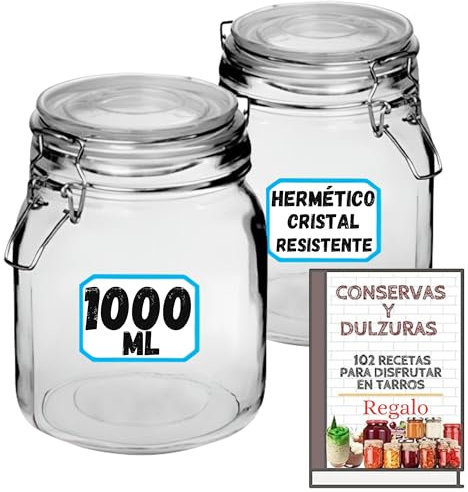 4 Tarros de Cristal Herméticos 1000 ml – Tarros herméticos de Almacenamiento para Alimentos, Conservación Fresca y Organizada - Incluye Etiquetas + Ebook de 102 Recetas (1 litro)