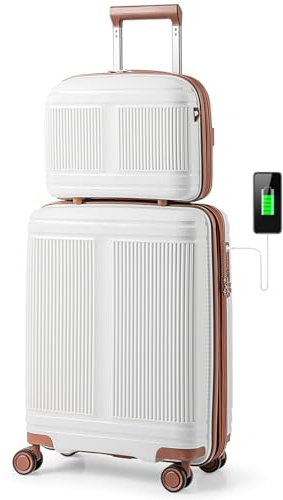 RELAX4LIFE 2 Piece Suitcase Set, 20 Inch Carry-on Luggage and 14 Inch Cosmetic Case with 8 Spinner Wheels, TSA Lock & USB Port, Lightweight PP Hardshell Suitcase Airline Approved Cabin (White)