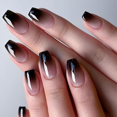 Cosmeria Press On Nails Lot de 24 faux ongles noirs avec accessoires pour femme Idéal pour les fêtes, mariages et vacances