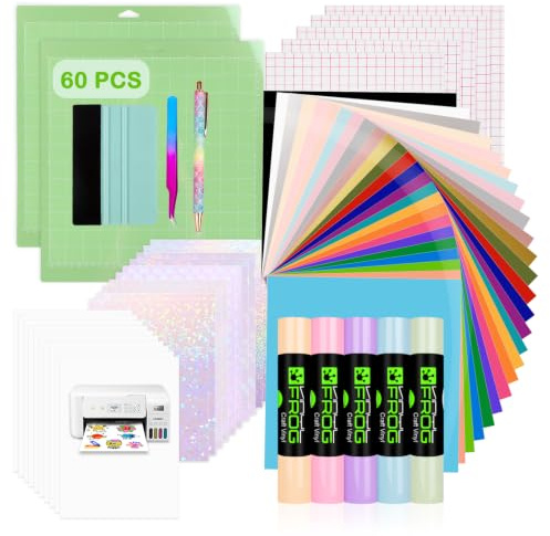 VINYL FROG 60PCS Zubehörpaket für Cricut Maker und All Explore Air, ultimative Werkzeuge mit permanent klebendem Vinyl, bedruckbarem Vinyl-Stickerpapier, Schneidematte, Entgitterungswerkzeug, Schaber