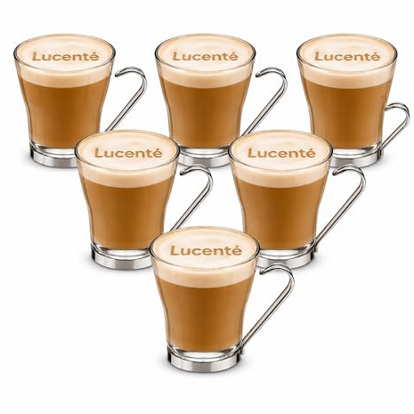 simpa Contemporary Large Glass Coffee Cups with Stainless Steel Handle - 220ml / 7.4oz Capacity - Set of 6 Cups