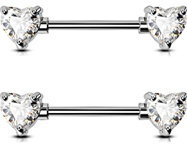 OUFER 14G 316L Surgical Steel Nipple Bars Barbell 2pcs Heart CZ Nipple Rings Piercing for Women Nipple Piercing Jewellery Nipple Barbell