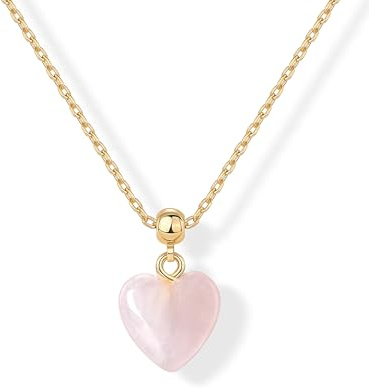 PAVOI 14K Yellow Gold Plated Cute Gemstone Pendant Necklaces Charms Set, Hypoallergenic Adjustable Chain Dainty Gold Charm Necklace for Women, Trendy Valentine's Day Gift Rose Quartz Heart Pendants