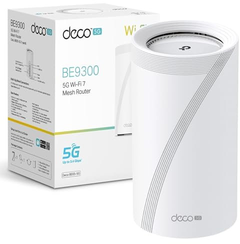 TP-Link Deco BE65 5G(1-pack) Whole Home Mesh Wi-Fi 7 System, BE9300 Tri-Band WiFi Booster, AI-Driven WiFi Router, Connect Over 200 Devices, 2.5G Connectivity Wired &Wireless, Gaming&4K, Easy Setup