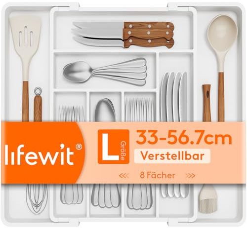 Lifewit Range Couverts pour Tiroirs, Rangement Vaisselle de Réglable 33 à 57 cm, Porte Ustensiles pour Placard Cuisine, Organisateur pour Argenterie, Cuillère, Couteau, Blanc