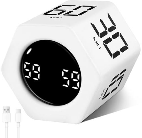 Cuteefun Temporizador Cubo, Pomodoro Timer Hexagonal Giratorio, Negro | 1-5-10-30-60 Minutos Cuenta Atrás, Modo Silencioso y Vibrante, Volumen Ajustable, Reloj Pomodoro para Escritorio, Reunión