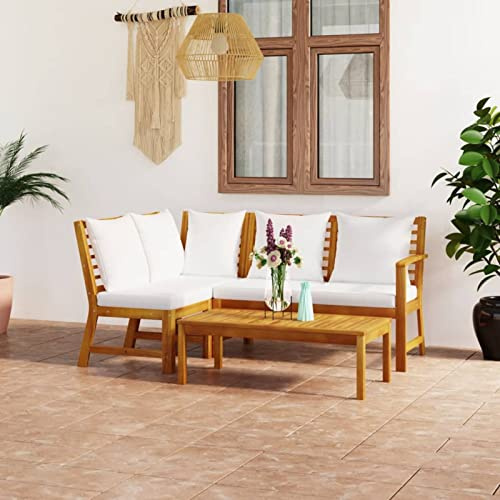 IKAYAA Lounge Set Holz, Balkon Lounge Creme, Ecklounge Outdoor, Gartenmöbel Set mit Kissen, Loungemöbel Set für Balkon, Garten, Terrassenmöbel außen - 4-TLG