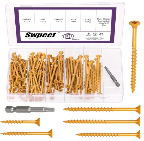 Swpeet 131pcs 5 Größen Khaki Deck Schrauben mit T25 Star Bit Sortiment Kit, T25 Star Torx Drive Flachkopf Schrauben rostbeständig, Außen Keramik beschichtete Holzschraube für Außenholzprojekte