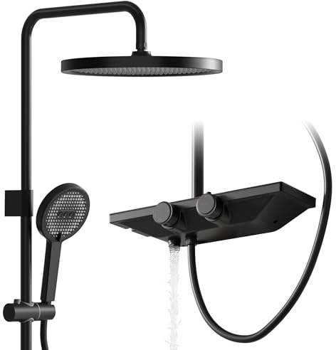 PUKANIUM Duscharmatur Komplettset, Duschsystem mit Thermostat, XL Regendusche (255 mm) mit Armatur, 3 Strahlarten Handbrause und Unterer Auslauf, Duschset Schwarz