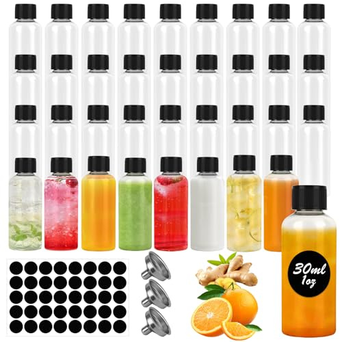WOOWAIR 36 Stück 30ml Kleine Flaschen zum Befüllen, Mini Plastik Shot Flaschen, Wiederverwendbar Schnapsflaschen, für Hochzeiten und Party -mit Deckel, Trichter, Etikett, Reinigungsbürste, Stift