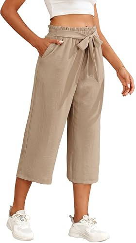 WUWUSKY Pantacourt Large Femme Taille Haute Pantalon Capri D'été Jambes Larges Fluide Élégant Décontracté avec Poches Profondes Ample Léger Respirant