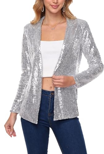 YYPBI Damen Pailletten Blazer Glitzer Jacke Revers Langarm Vorne Offen Party Festlich Cardigan Outwear Business Casual Blazerjacke
