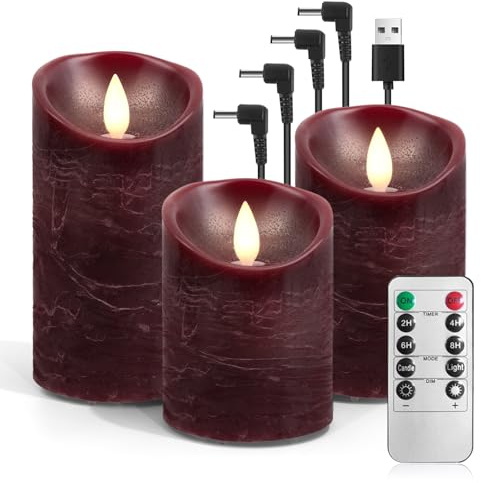 AnnSpa 3 Set Led Kerzen Aufladbar mit Fernbedienung, Wiederaufladbare Kerzen Flammenlose Echtes Wachs Flackern Moving Wick Yellow Light Pillar Candles mit Timerfunction für Geschenke - Rot