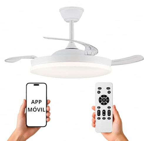 NARVI Ventilador de techo con 3 Palas retráctiles transparentes, Motor DC 30W, Luz LED 60W Regulable en intensidad y color, con Memoria y Mando a distancia Blanco.