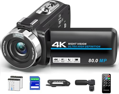 Camcorder Video Camera 4K 80MP 30FPS Vlogging Camera for YouTube IR Night Vision Camera 18X Digital Zoom 3.0 IPS Screen Video Recorder with 32GB SD Card, 2 Batteries, Stabilizer and Remote Control