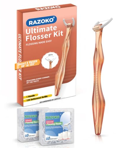 Zahnseide Sticks für Zahnspangen, 135°gewinkelter Reiniger,Orange | 1 rutschfester Griff, 120 reißfeste Aufsätze, PTFE- & PFAS-freie Faser, ergonomischer Langgriff für enge Zahnzwischenräume