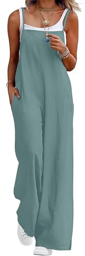 QIXING Dungarees for Women UK Summer Boho Casual Loose Wide Leg Jumpsuits Sleeveless Ladies Playsuits with Pockets(Sea Green, XL)